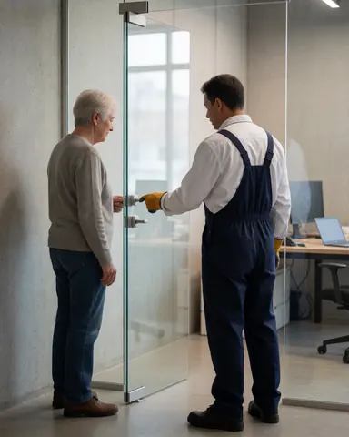 Un technicien en gants pose un verrou sur une porte vitrée devant un client dans un bureau moderne aux murs en béton et à l'éclairage doux.