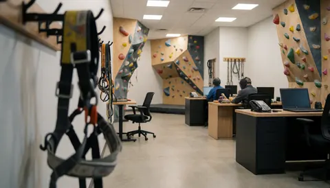 Gros plan sur un harnais d'escalade avec en arrière-plan des murs d'escalade, un bureau et un gymnase moderne et propre.