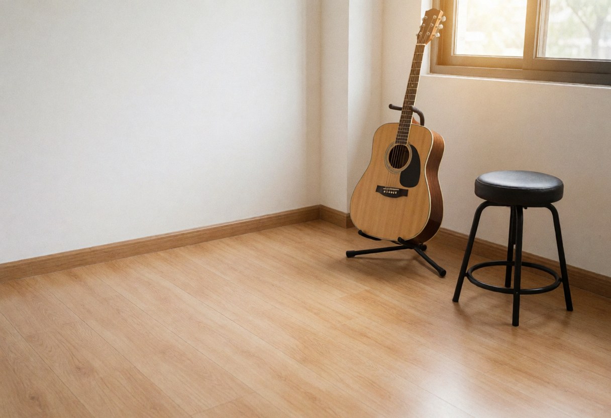 Guitare acoustique posée sur un pied, à côté d'une chaise, dans un studio avec sol en bois et murs blancs, idéal pour des cours de musique.