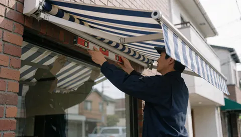 Un technicien pose un store rétractable bleu et blanc sur une façade en briques en utilisant un niveau pour garantir la précision de l'installation.
