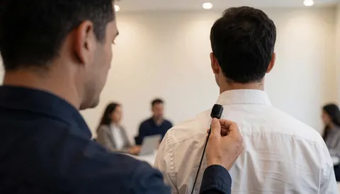 Un technicien ajuste un micro-cravate sur un client dans une salle de réunion aux murs blancs.