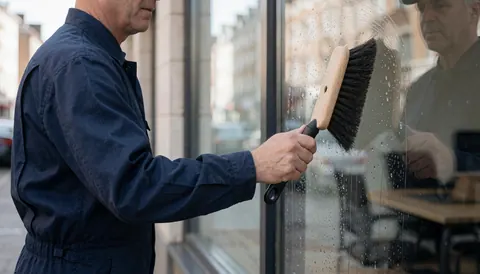 Un employé en uniforme bleu utilise un pinceau pour nettoyer une grande vitre, reflétant le cadre urbain environnant.
