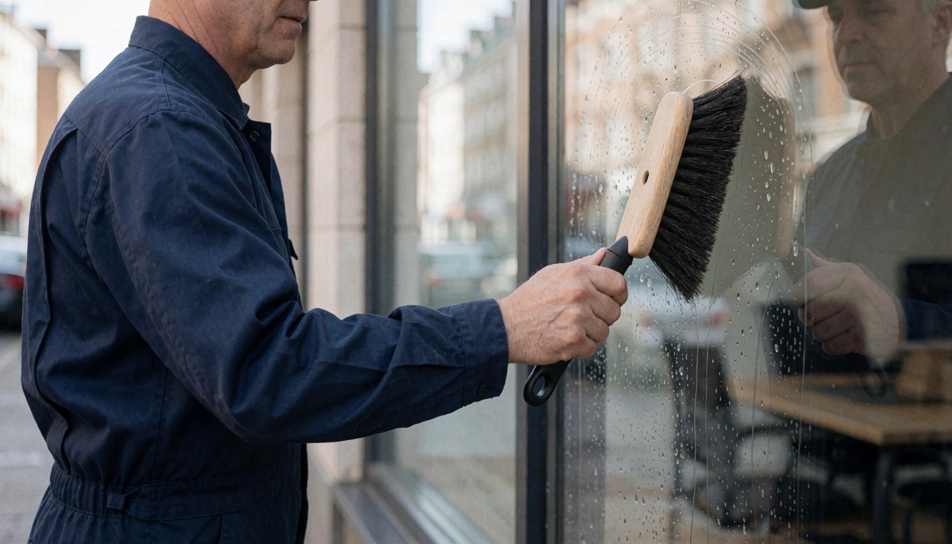 Un employé en uniforme bleu utilise un pinceau pour nettoyer une grande vitre, reflétant le cadre urbain environnant.