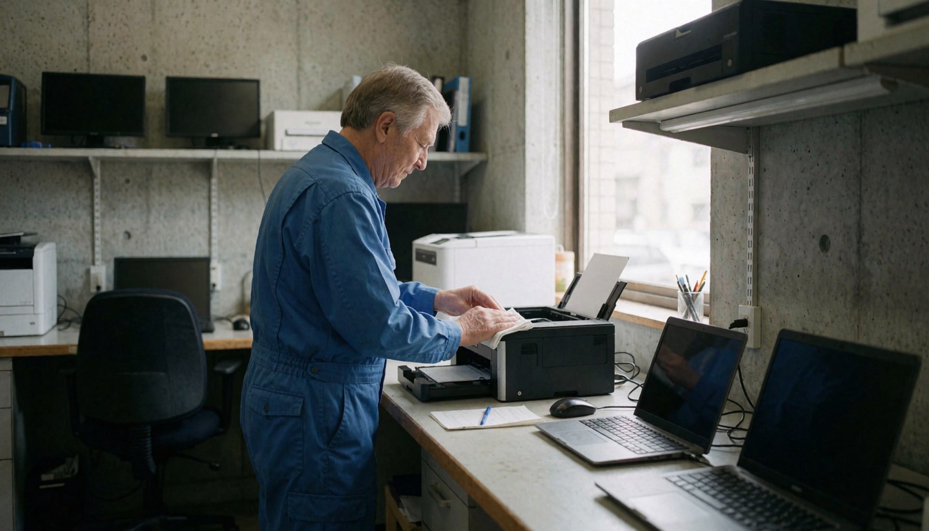 Un technicien en uniforme bleu effectue le nettoyage de la tête d'imprimante dans un bureau avec des murs en béton et des ordinateurs portables.