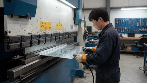 Un ouvrier portant des gants de protection plie une feuille d'acier galvanisé à l'aide d'une presse à plier double dans un atelier industriel bien éclairé.