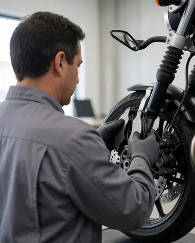 Un mécanicien portant des gants installe de nouveaux freins sur la roue avant d'une moto dans un atelier bien éclairé.