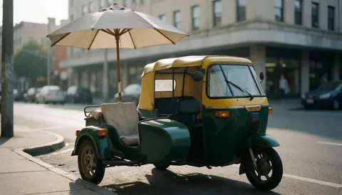 Moto-taxi vert et jaune avec parasol sur sidecar, stationné dans un coin de rue avec lumière du matin, idéal pour la couverture d'un service de transport.