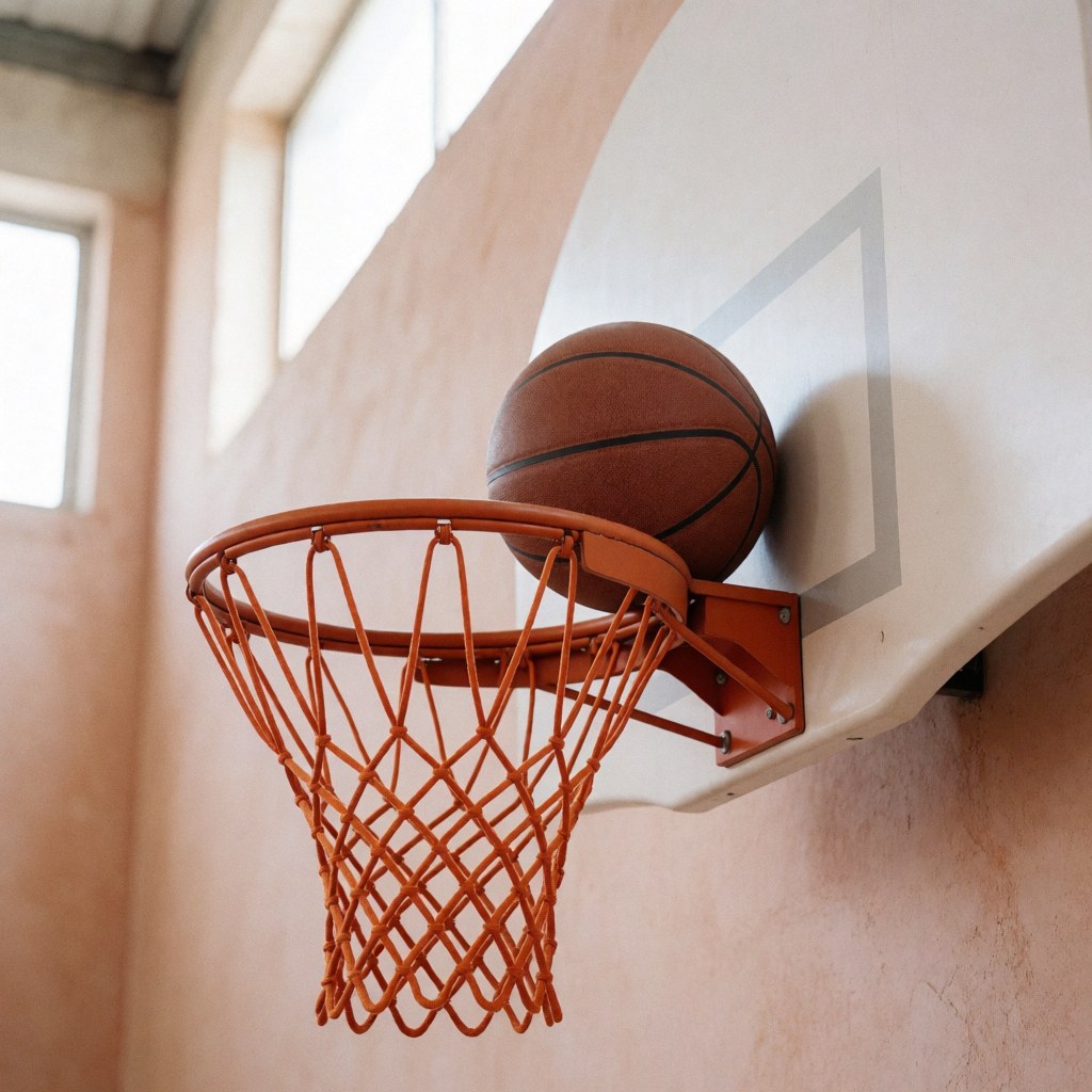 Un ballon de basket repose sur le bord d'un panier de basketball dans un gymnase aux murs en terre cuite baigné de lumière naturelle.