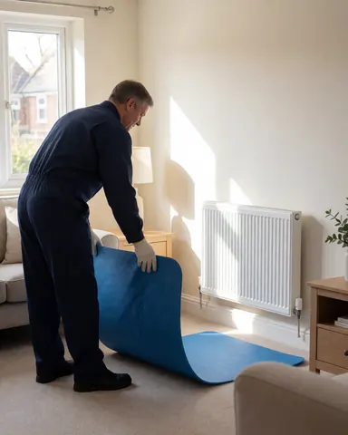 Un technicien en uniforme bleu installe une protection de sol bleue dans une pièce équipée d'un radiateur blanc, baignée de lumière naturelle.