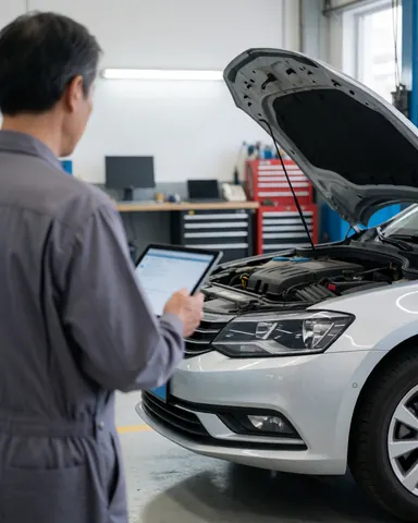 Un mécanicien vérifie le moteur d'une voiture argentée à l'aide d'une tablette dans un atelier bien éclairé et ordonné.