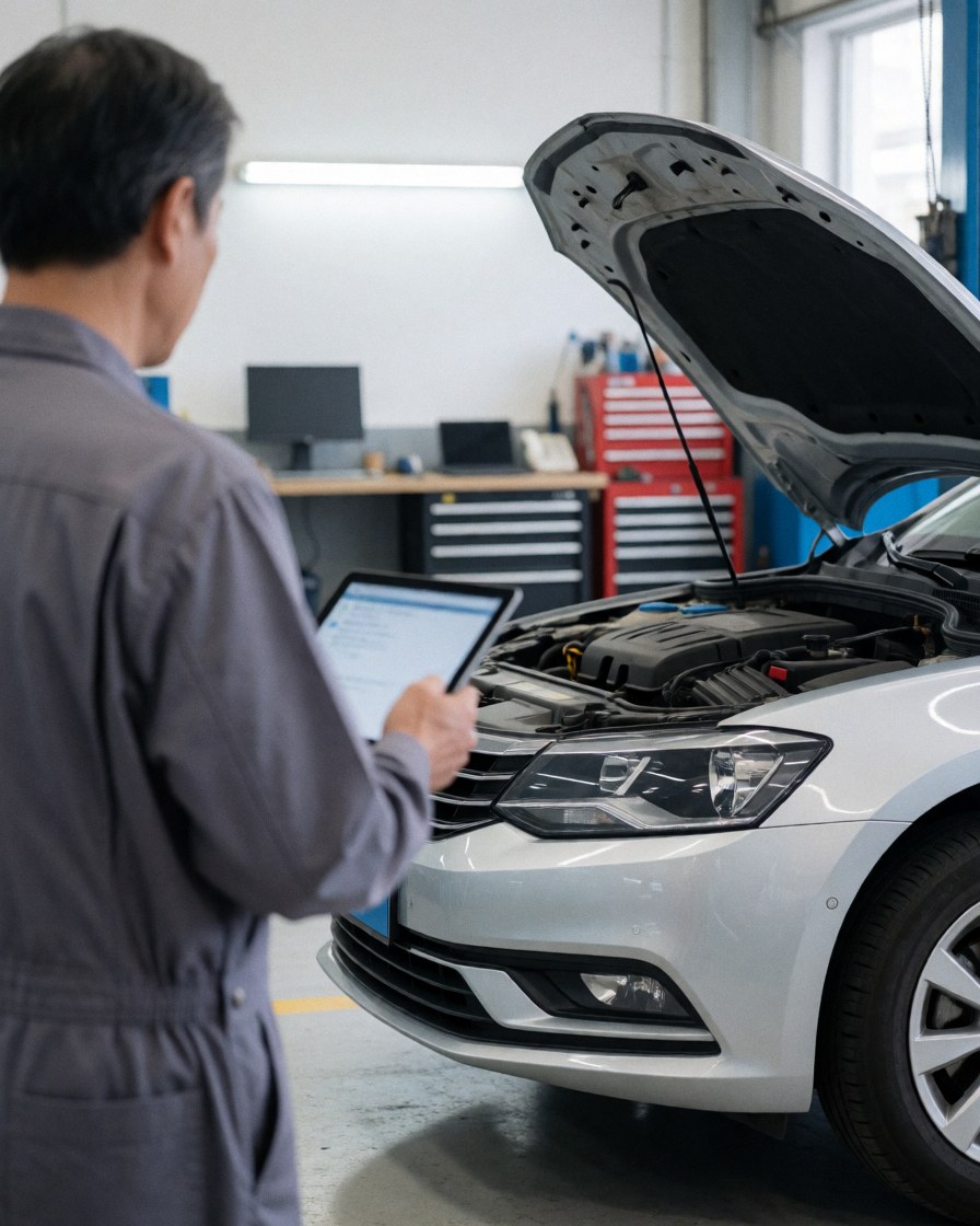Un mécanicien vérifie le moteur d'une voiture argentée à l'aide d'une tablette dans un atelier bien éclairé et ordonné.