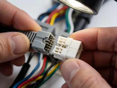 Mains connectant un connecteur blanc à un câble de voiture, éclairé par une lampe de travail, détail de réparation électrique.