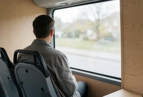 Un passager dans un bus touristique observe le paysage à travers une grande fenêtre avec des panneaux en bois clair, dans une ambiance relaxante et lumineuse.
