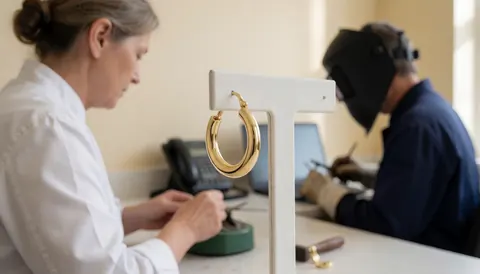 Boucle d'oreille en or brillant posée sur un comptoir de bijouterie avec un fond montrant un bijoutier travaillant dans son atelier.