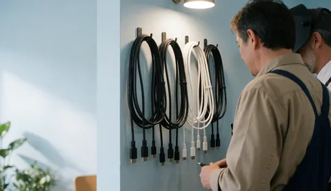 Câbles HDMI et USB-C soigneusement rangés sur un mur bleu, offrant un espace vide à gauche pour ajouter du texte ou des informations.
