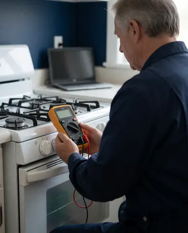 Technicien effectuant une vérification sur une cuisinière à gaz à l'aide d'un multimètre numérique dans une cuisine moderne aux murs bleus.