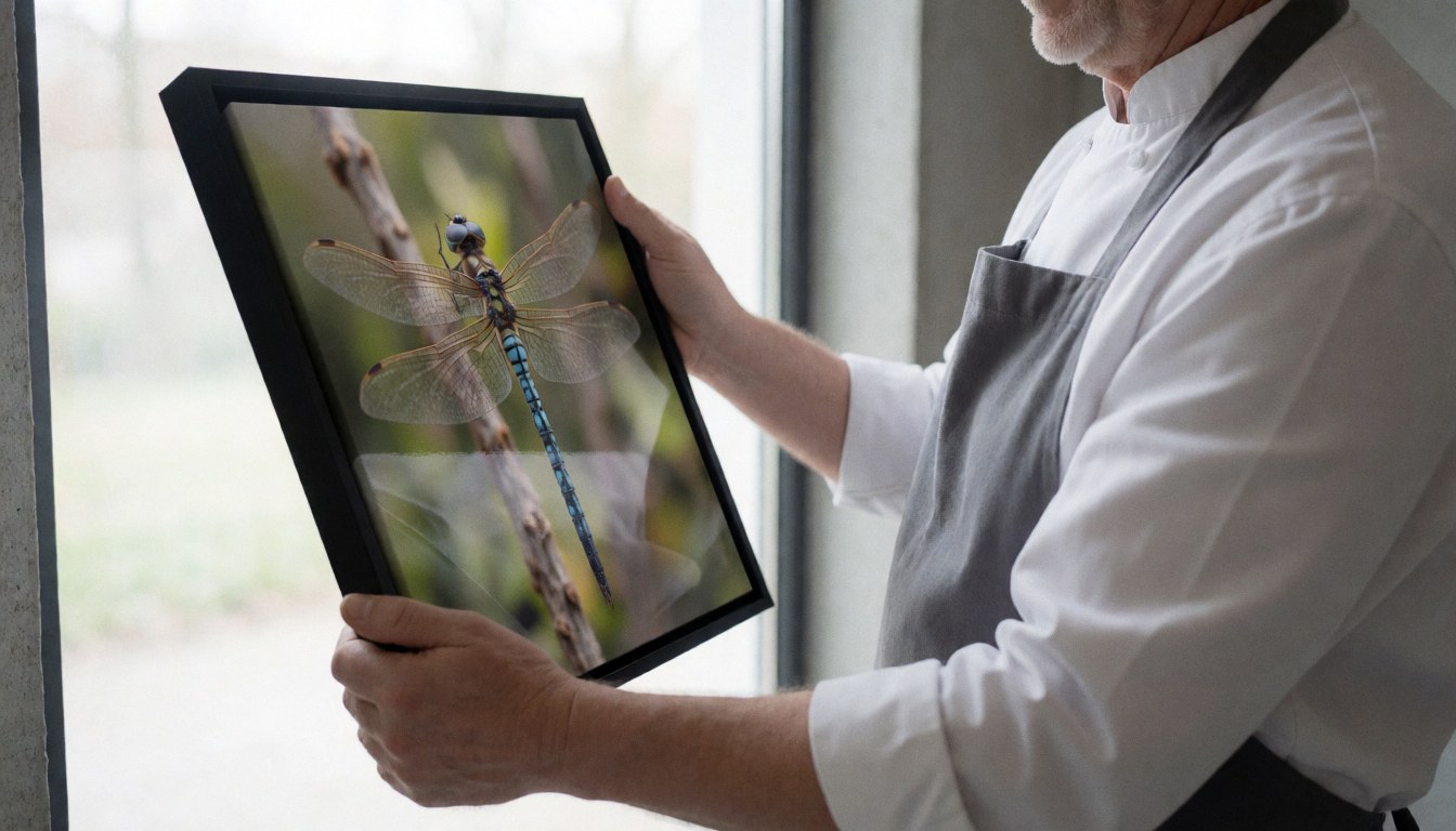 Photographe macro tenant une toile avec une libellule devant une fenêtre dans un studio aux murs de béton, idéal pour une couverture de site web d'art macro