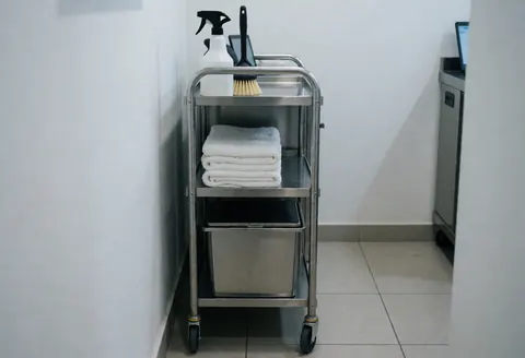 Chariot de nettoyage en métal équipé de serviettes blanches, d'un vaporisateur et d'une brosse dans un environnement professionnel.