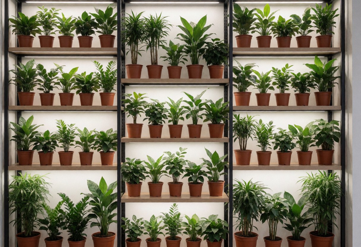 Étagère verticale contenant des plantes en pots, éclairage lumineux, mur blanc, design moderne, idéal pour une jardinerie ou un espace de vente.