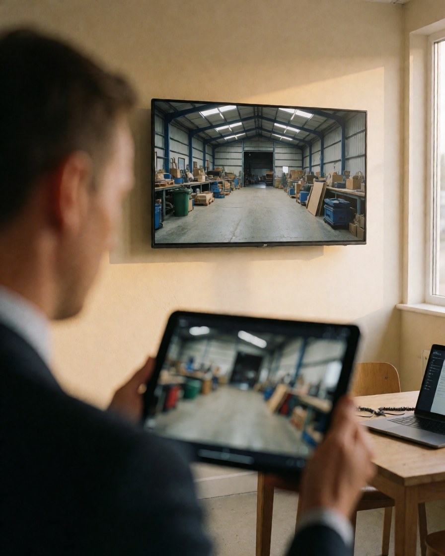 Un client examine des données de sécurité sur une tablette numérique. L'écran affiche des informations industrielles. Le décor comprend des murs beiges et une lumière naturelle chaude.