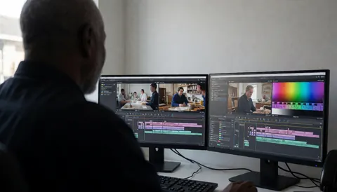 Un vidéaste professionnel monte une vidéo sur une station de travail équipée de deux écrans affichant des timelines et des scopes de couleur, dans un espace de travail lumineux avec un mur blanc et une zone de texte