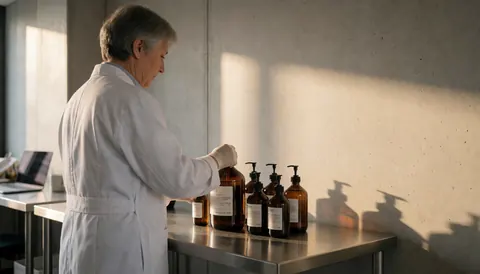 Un praticien en blouse blanche manipule des flacons en verre ambré sur une table en acier inoxydable, éclairé par une lumière chaude de coucher de soleil dans un environnement professionnel.
