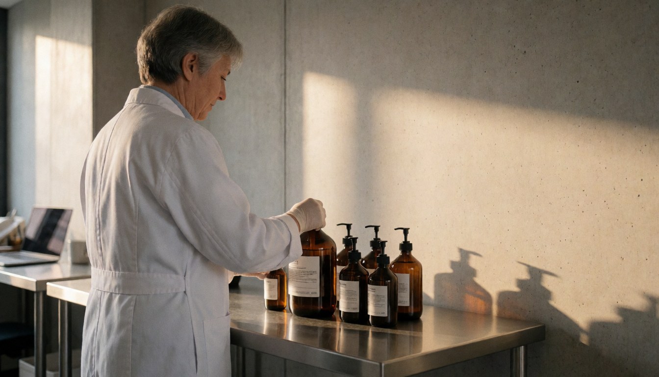 Un praticien en blouse blanche manipule des flacons en verre ambré sur une table en acier inoxydable, éclairé par une lumière chaude de coucher de soleil dans un environnement professionnel.