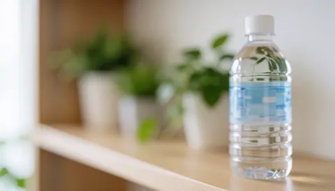 Bouteille d'eau minérale posée sur une étagère en bois avec des plantes vertes en arrière-plan, créant une ambiance naturelle et apaisante.