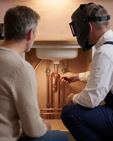 Un plombier en casque de soudure présente des tuyaux en cuivre installés à un client observant sous un évier dans une cuisine.