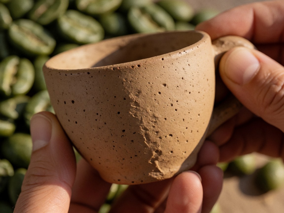 Main tenant une tasse en céramique non émaillée, surface poreuse et détails d'argile, sur fond de grains de café verts, éclairage chaleureux.