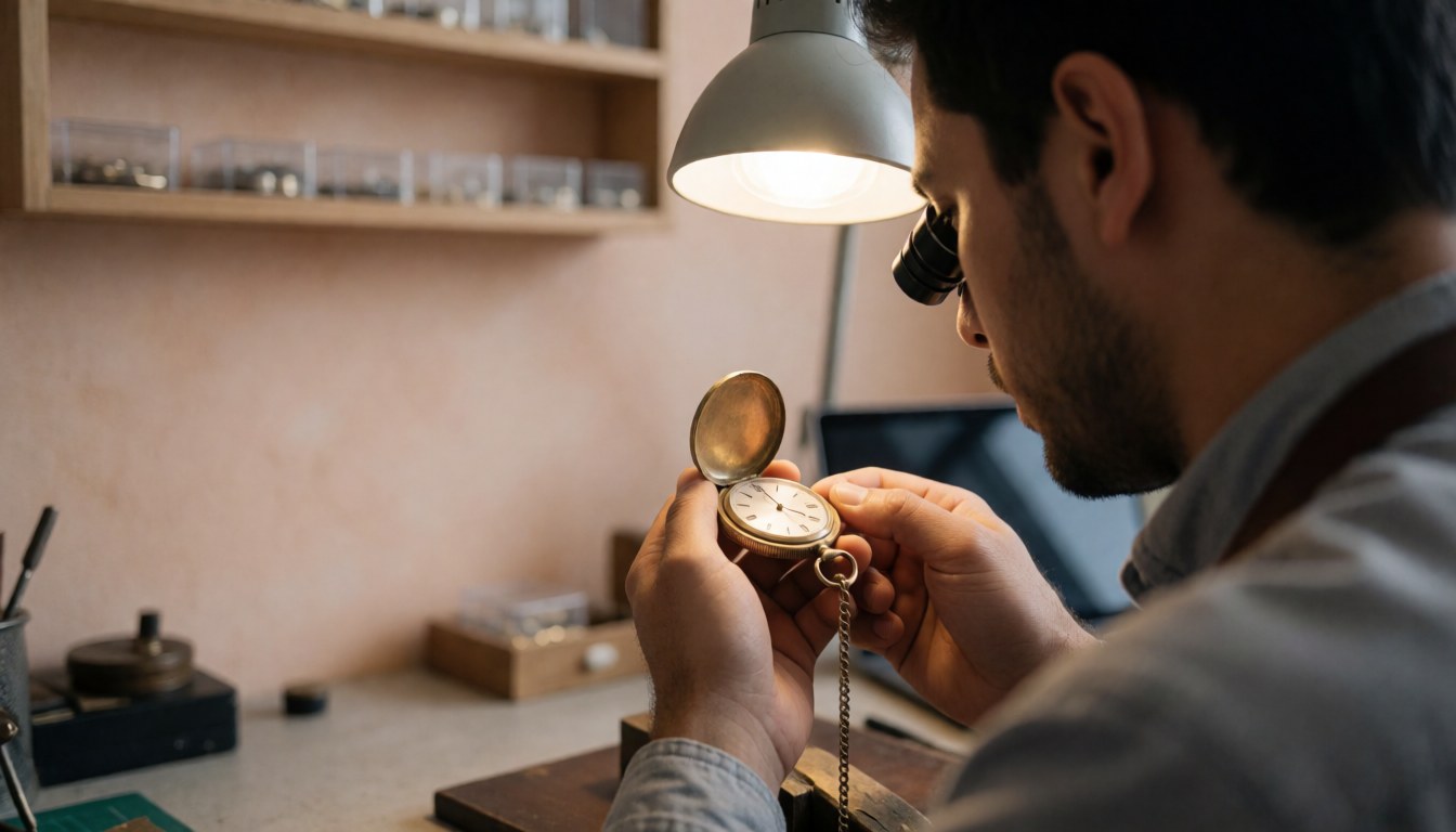 Un horloger avec une loupe examine une montre de poche dorée ouverte sous un éclairage intense dans son atelier aux murs en plâtre terracotta.