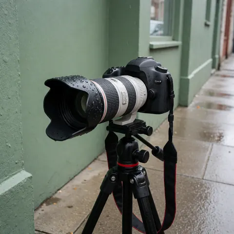 Appareil photo reflex numérique équipé d'un téléobjectif fixé sur un trépied, prêt à capturer des images dans un environnement urbain humide avec un mur vert en arrière-plan et des gouttes de pluie visibles sur la