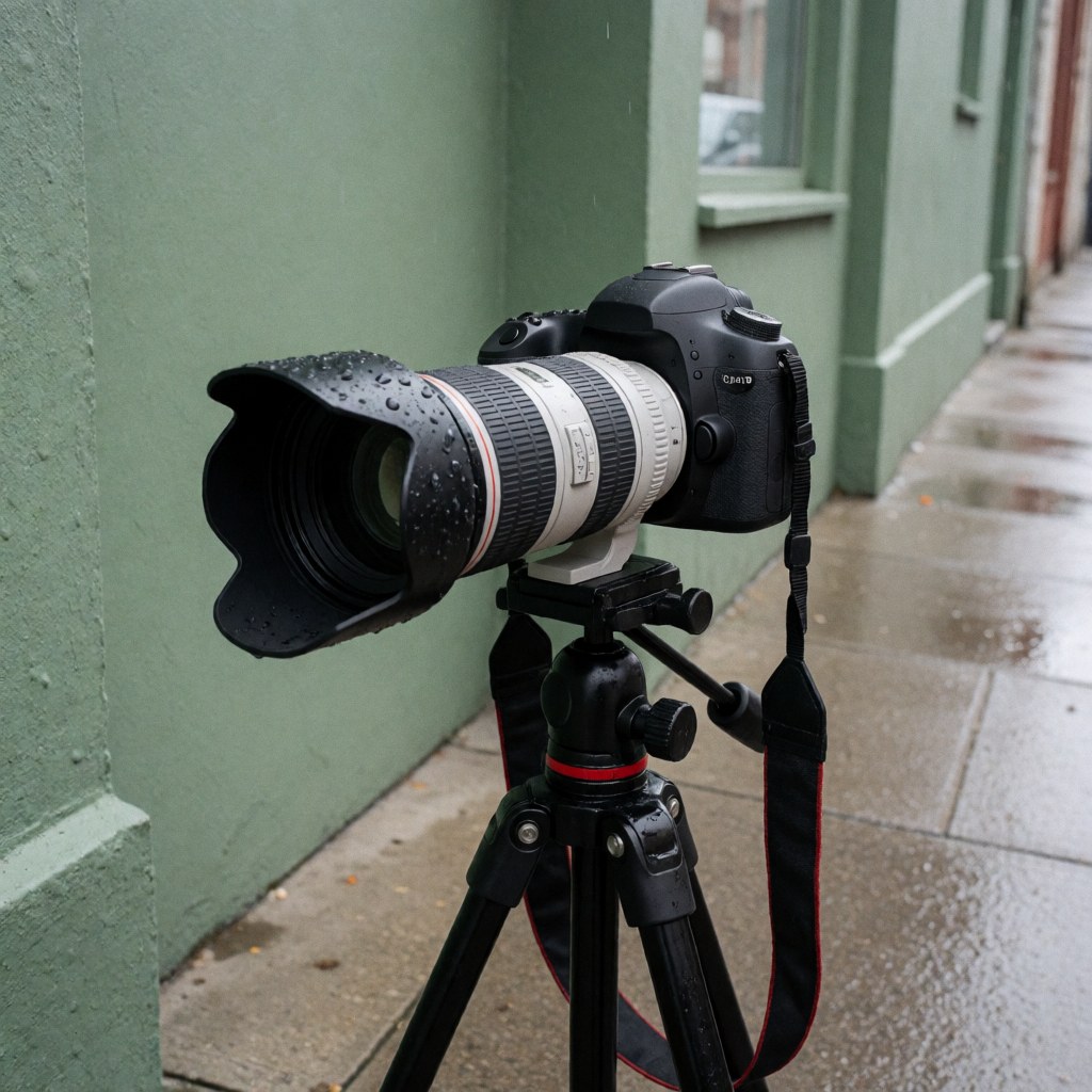 Appareil photo reflex numérique équipé d'un téléobjectif fixé sur un trépied, prêt à capturer des images dans un environnement urbain humide avec un mur vert en arrière-plan et des gouttes de pluie visibles sur la