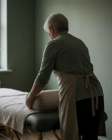 Un thérapeute ajuste un coussin sur une table de massage dans une pièce aux murs verts et à la lumière douce, préparant un environnement apaisant.