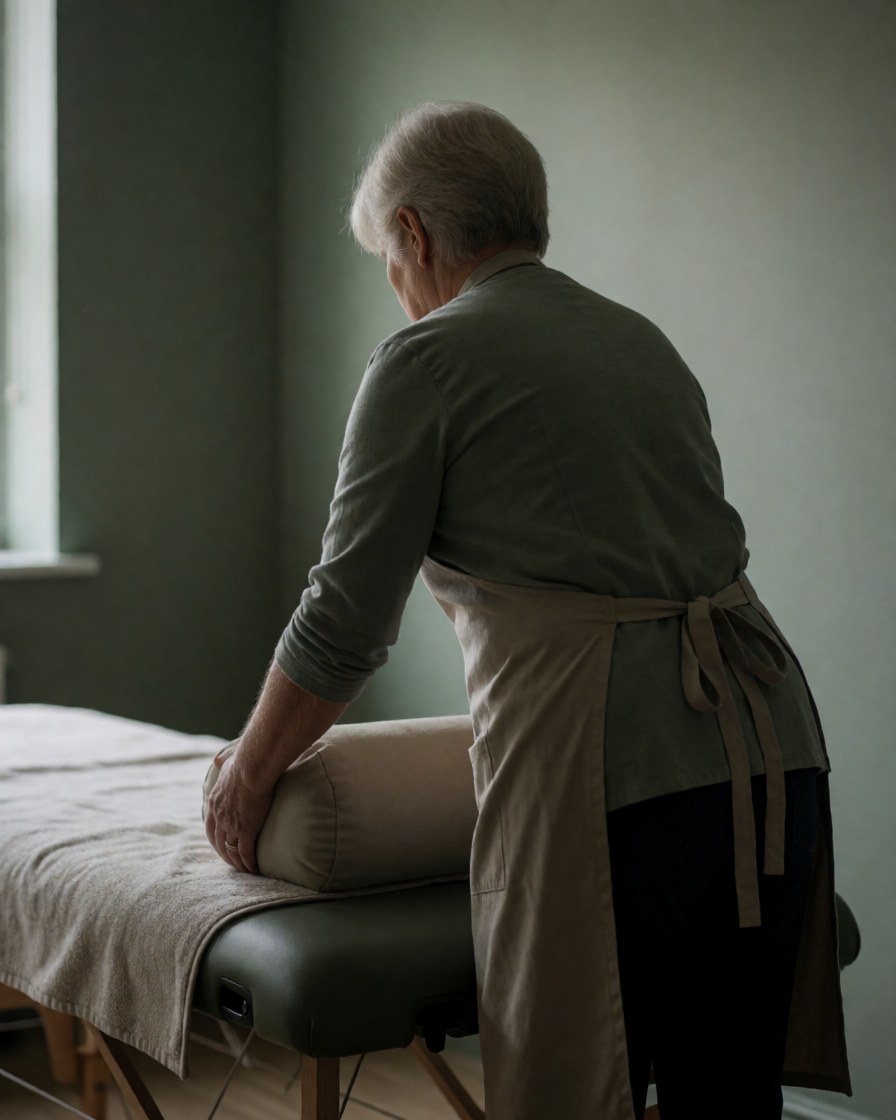 Un thérapeute ajuste un coussin sur une table de massage dans une pièce aux murs verts et à la lumière douce, préparant un environnement apaisant.