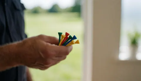 Une main tenant des clubs de golf colorés devant un champ vert, un mur beige et une lumière naturelle, idéal pour un instructeur de golf.