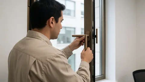 Un technicien installe une poignée en aluminium bronze sur une fenêtre de bureau, avec un mur blanc et une lumière naturelle, illustrant un service de réparation de fenêtres.