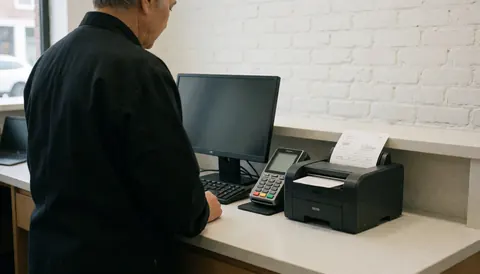 Un comptable travaille à son bureau avec une imprimante de factures et un terminal de paiement, devant un mur de briques blanches.
