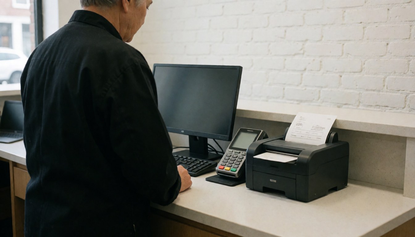 Un comptable travaille à son bureau avec une imprimante de factures et un terminal de paiement, devant un mur de briques blanches.