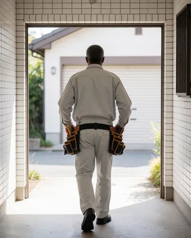 Technicien portant une ceinture à outils se dirigeant vers une porte de garage d'une maison aux murs carrelés blancs à la lumière du matin.