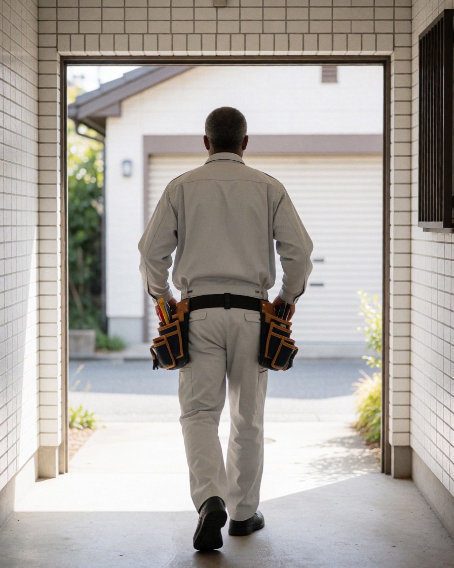 Technicien portant une ceinture à outils se dirigeant vers une porte de garage d'une maison aux murs carrelés blancs à la lumière du matin.