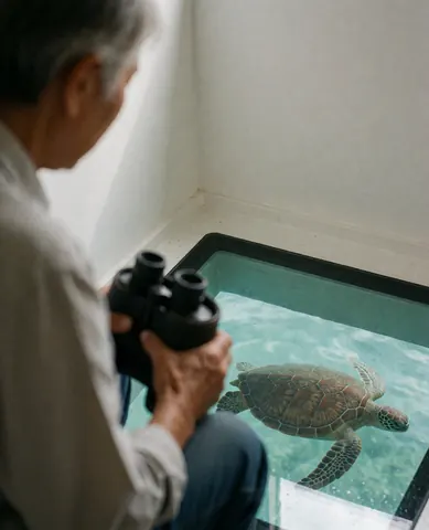Un adulte regarde une tortue marine nager sous un plancher en verre dans un aquarium, jumelles à la main, scène réaliste et utile pour le commerce.