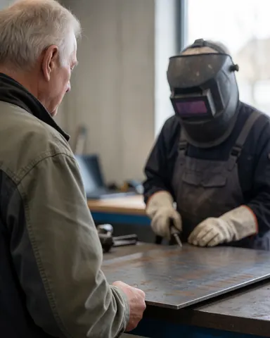 Un client observe attentivement un soudeur travaillant sur une plaque métallique dans un atelier industriel avec des outils visibles.