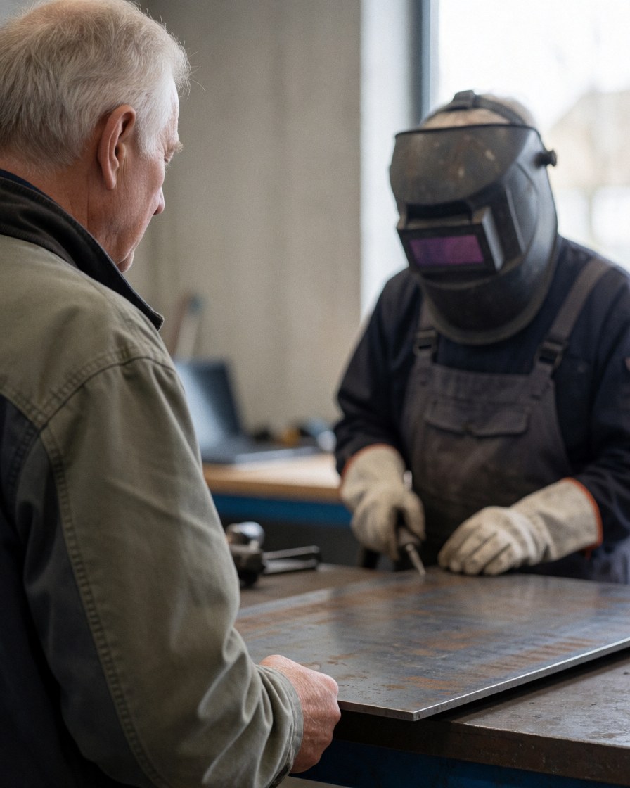 Un client observe attentivement un soudeur travaillant sur une plaque métallique dans un atelier industriel avec des outils visibles.