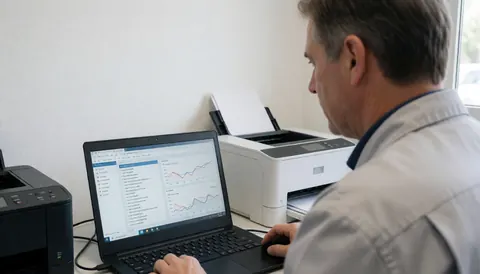Un technicien examine des graphiques d'impression sur un ordinateur portable dans un bureau avec des murs blancs et deux imprimantes multifonctions.