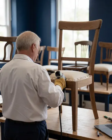 Un homme répare une chaise en bois dans un atelier de tapissier avec une lumière naturelle et un mur bleu foncé en arrière-plan.