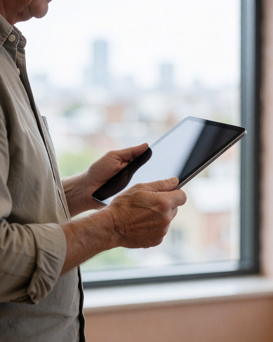 Un homme senior tient une tablette dans un bureau aux murs terracotta clair, près d'une fenêtre offrant une vue urbaine.