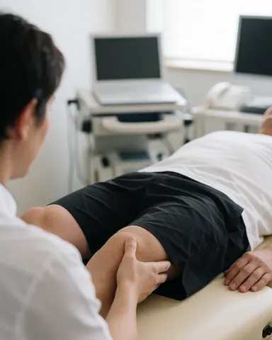 Un thérapeute ajuste la jambe d'un client sur une table de traitement dans une clinique de physiothérapie, avec du matériel médical et des murs blancs.