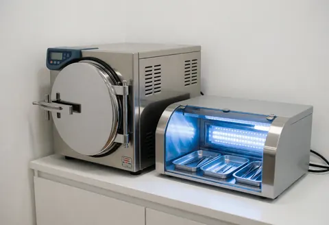 Autoclave d'injection et boîte de stérilisation UV avec outils dans un salon de sourcils propre et moderne.