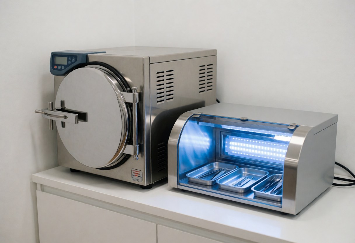 Autoclave d'injection et boîte de stérilisation UV avec outils dans un salon de sourcils propre et moderne.